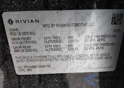 2025 Rivian R1S Adventure Dual Motor Large Pack/Adventure Dual Motor Max Pack from USA, damaged, VIN 7PDSGBBA5SN067133